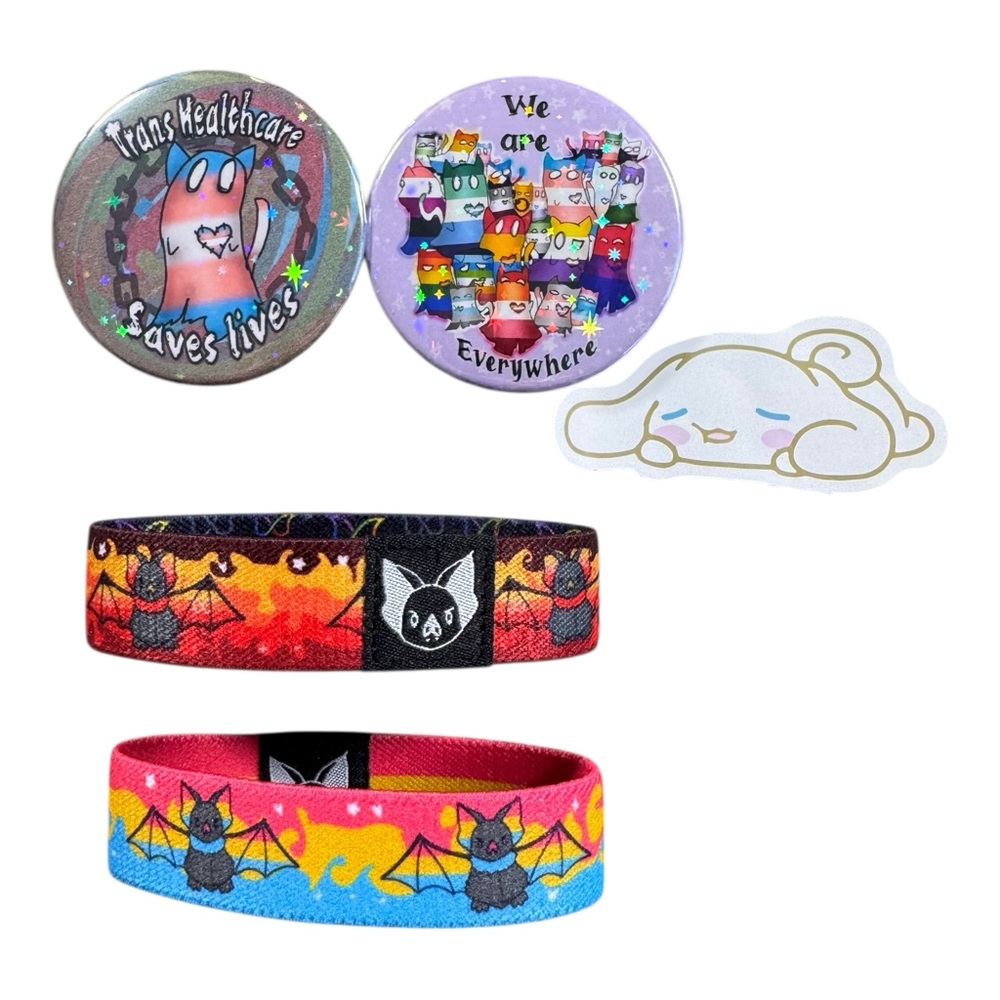 LGBTQ+ Pride Cat Pins, Bat Wristbands & Sanrio Sticker Lot –‎ Trans, Rainbow